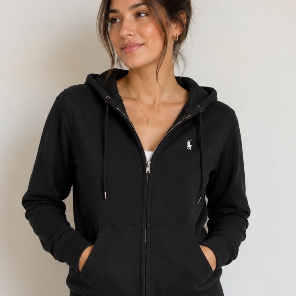 Polo Ralph Lauren Womens Black Full Zip Fleece Hoodie White Pony Logo Small
